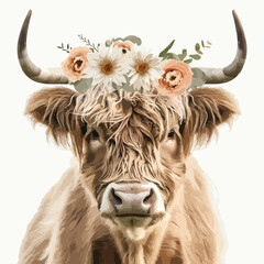 Naklejka premium Highland Cow With Flower Crown Clipart isolated on white background 