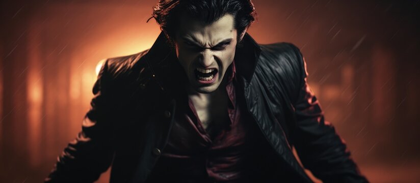 A man in a leather jacket is standing in a dark room, his mouth agape, embodying a fictional character in a dramatic event, resembling art through his actions and expressions