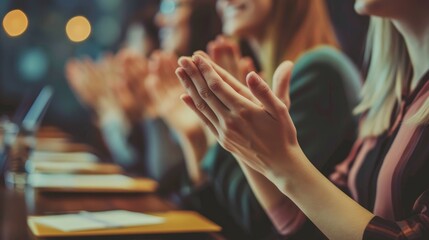 Close-up of a row of people clapping their hands in appreciation at an indoor seminar or conference event with soft focus background. - obrazy, fototapety, plakaty