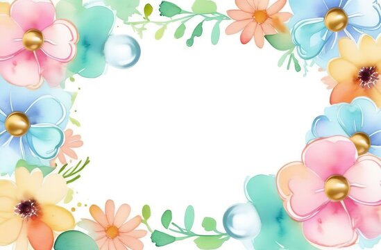 Vibrant watercolor colorful frame of festive party balloons, flowers, bow. Beautiful floral botanical design. Horizontal herbal banner on white background. Wedding invitation, Birthday, business