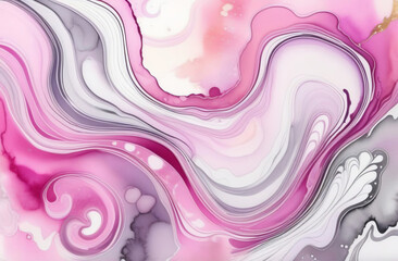 Alcohol ink art full frame background. Currents of magenta hues, stains, pink purple swirls, soft color free-flowing textures. Natural aquarelle abstract fluid painting. Can be used as vertical poster
