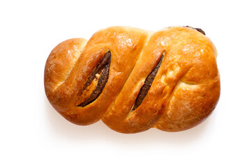 Sweet bun with poppy seeds on white background. A close-up of a bun. With a shadow.