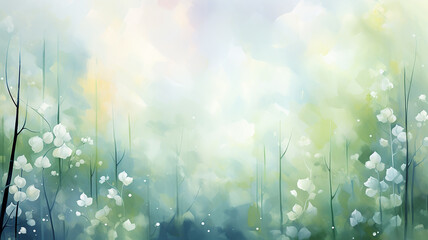 Obraz premium White flowers on an abstract green background, a postcard in watercolor style