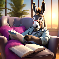 Funny drawing: A donkey sitting reading a book