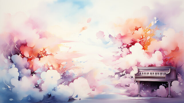 Piano among abstract multicolored clouds in watercolor style, musical background postcard