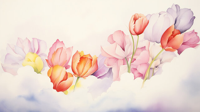 Spring flowers tulips in white clouds, watercolor greeting card background