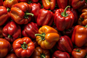 Red bell peppers on counter in supermarket. Large number of red peppers in pile. Generative AI