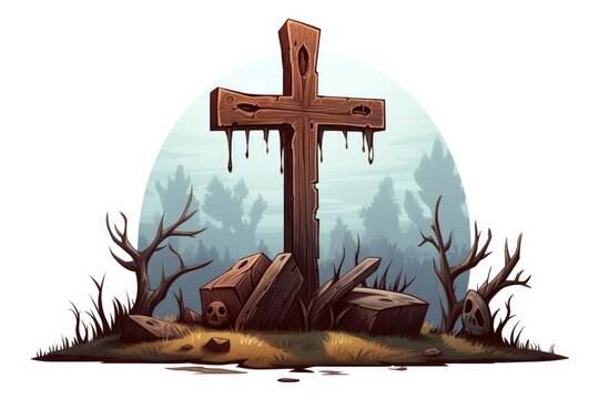 Mystery Halloween tombstone, spooky cemetery grave with cross, cartoon illustration on white