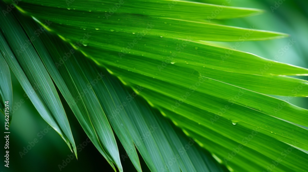 Poster Close-up of the green leaves of a palm tree in a rainforest. Background, Leaf Texture in Nature.