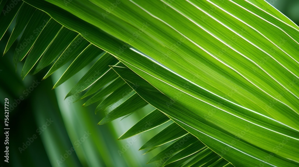 Poster Close-up of the green leaves of a palm tree in a rainforest. Background, Leaf Texture in Nature.