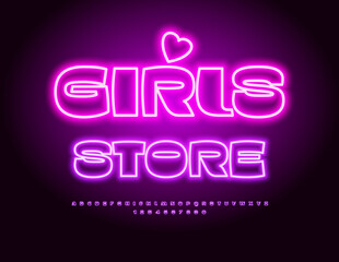 Vector Glamour Banner Girls Shop. Stylish Glowing Font. Pink Neon Alphabet Letters and Numbers set.