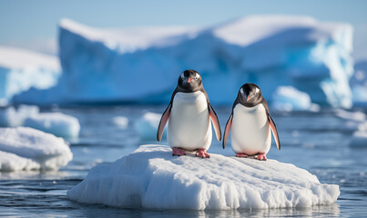 Two penguins stands on top of iceberg or ice floe in Antarctica