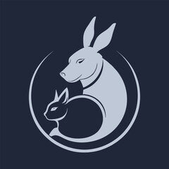 Vector illustration of blue rabbit sitting beside dog