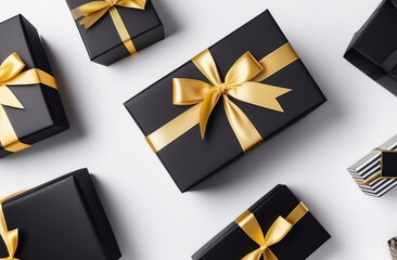 Gift boxes full frame. Black and gold Gifts with golden ribbon, bows isolate on white background. Flat lay, top view, copy space. Presents composition for Christmas, birthday, father day