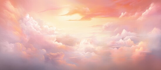 A natural landscape painting of a cloudy sky with the sun shining through, creating an afterglow of orange, amber, pink and red hues, with cumulus clouds scattered across the sky