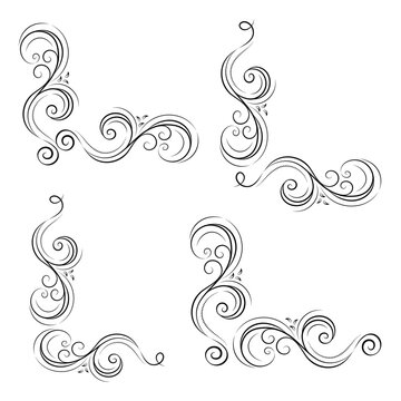 Decorative corner ornament made of wavy lines and curls, vector collection of design elements. 