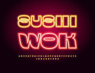 Vector advertising banner Sushi Wok. Modern Neon Font. Electric light Alphabet Letters and Numbers set.