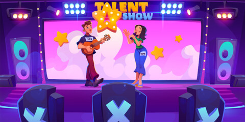 Plakaty  Performers on stage of talent show. Vector cartoon illustration of happy man playing guitar, young woman singing in microphone, band competing at song contest, tv studio loudspeakers and floodlights