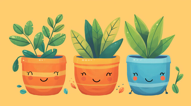Naklejki Pot plant, cute and artistic illustration. Incorporating adorable plant illustrations into dcor, adding charm and sweetness. Elevate spaces with charming illustrations.
