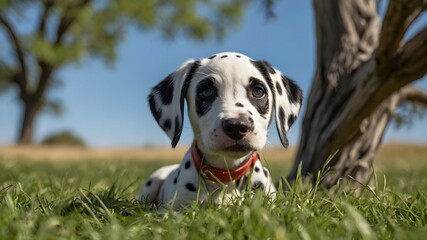 A close-up of a solitary Dalmatian puppy sitting amid vibrant green grass on a sunny day, with an ancient tree in the background and a clear blue sky above.
