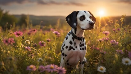 A picturesque scene featuring a young Dalmatian pup surrounded by lush, colorful wildflowers, with the sun casting a warm glow over the tranquil setting.