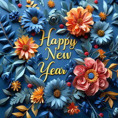 Happy New Year Paper cut flower decoration. Post card with Paper carving art work.