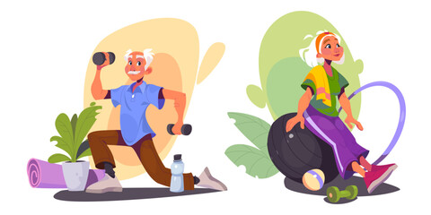Senior people exercising isolated on background. Vector cartoon illustration of old man doing sport with dumbbells at home, elderly woman sitting on fitball in gym, healthy lifestyle at retirement age