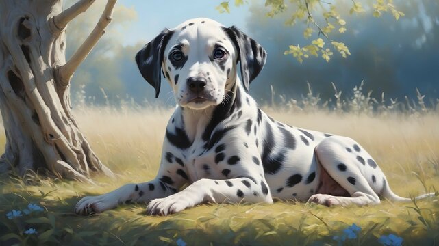 A tranquil view of a Dalmatian puppy relaxing in a sun-dappled meadow, with the ancient branches of a tree providing shelter and the sky painted in soft shades of blue and white.