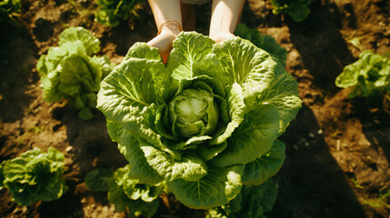From above big green lettuce in hands