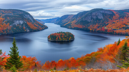 Naklejka premium Aerial view captures a serene river winding through a vibrant tapestry of autumn colors in a dense forest.