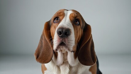Rostro de perro de raza Basset hound sobre fondo gris. - obrazy, fototapety, plakaty