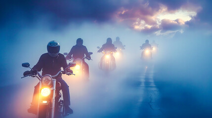 Motorcyclists Riding Through Misty Landscape.