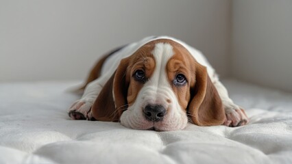 Cachorro de raza Basset hound, mirando al frente, echado, sobre una cama. - obrazy, fototapety, plakaty