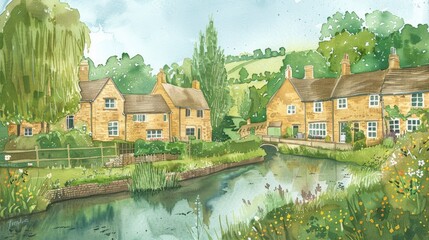 Fototapeta na wymiar Summer Scene. British Countryside Village in Watercolour.