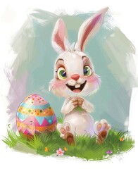 Happy Easter Bunny With Colorful Egg in Grass