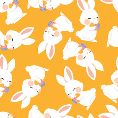 Cute hand drawn Easter seamless pattern with bunnies, easter eggs. Beautiful background. Ideal for Easter Cards, banner, textiles, wallpapers, packaging, banner, poster, header for website.