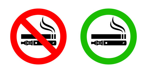 No smoking no vaping and smoking area sign set. Forbidden sign icon isolated on white background vector illustration. Cigarette, vape in prohibition circle and green allowed area.