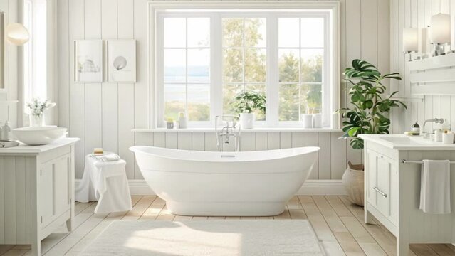 White cottage bathroom decor, interior design and home decor, bathtub and bathroom furniture, English coastal country house