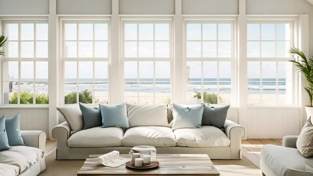 Conservatory room decor, white coastal cottage interior design, garden furniture with sofa and home decor, English country house