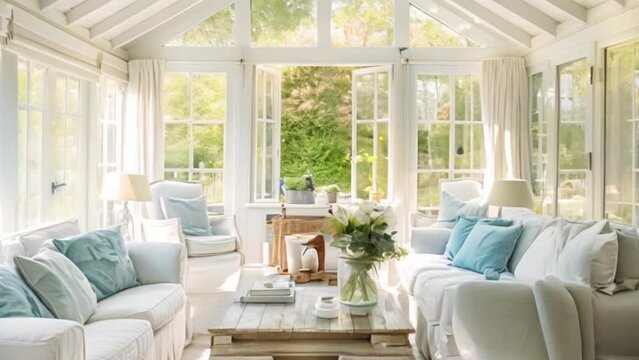Conservatory room decor, white coastal cottage interior design, garden furniture with sofa and home decor, English country house