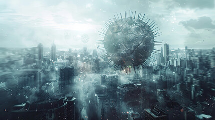 Surreal artwork depicting a towering virus particle over a city, symbolizing the macroscopic impact of micro-scale pathogens.