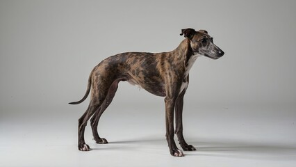 Vista lateral de un perro de raza galgo, de pie, sobre fondo gris 