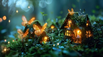 Childlike Fairies Crafting a Miniature Dwelling with Glowing Wings