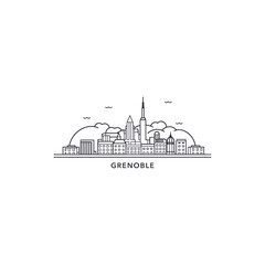 Naklejka premium Grenoble cityscape skyline city panorama vector flat modern logo icon. France Alpes town emblem idea with landmarks and building silhouettes. Isolated graphic