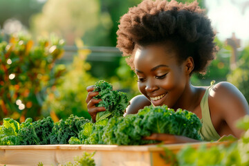 African American young woman working in her urban garden. Collecting organic foods. Sustainability - Powered by Adobe