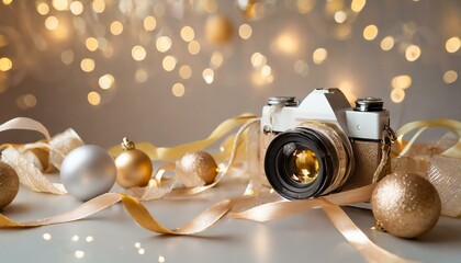 Enchanting Festivity: Pastel Bokeh Backdrop with Gold Camera and Christmas Ornaments"
