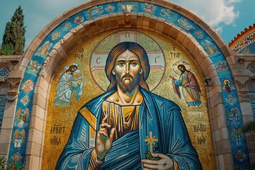 Fototapeta premium A powerful mosaic image of Christ in the central dome of the temple