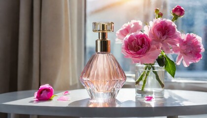 Serenade of Elegance: Perfume Bottle and Pink Floral Vase Basking in Daylight"