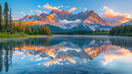 The first light of sunrise sets the majestic mountains aglow, perfectly mirrored in the still, clear waters of the lake below. - obrazy, fototapety, plakaty