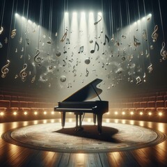 Grand piano, on stage, engulfed in joyous musical notes

